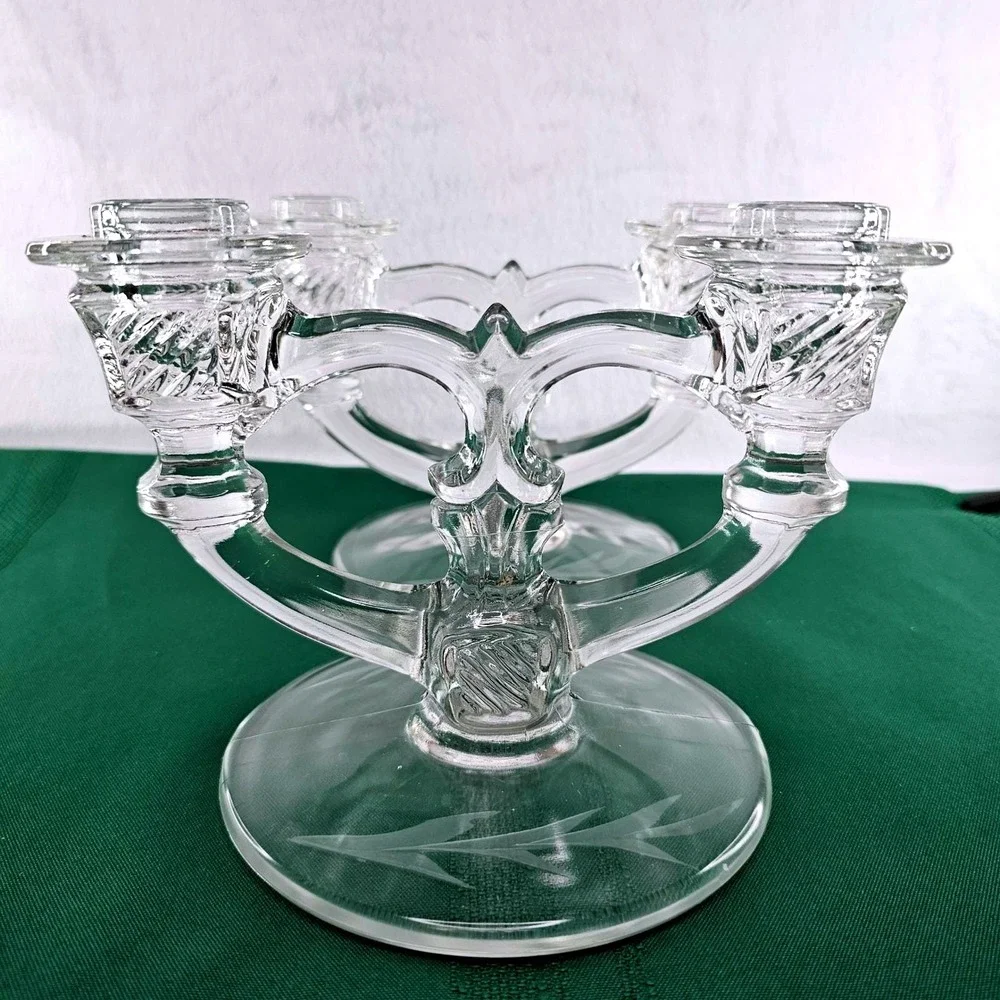 Pair Vintage Etched Glass Taper Candle Holders Double Arm Candelabra Crystal‎